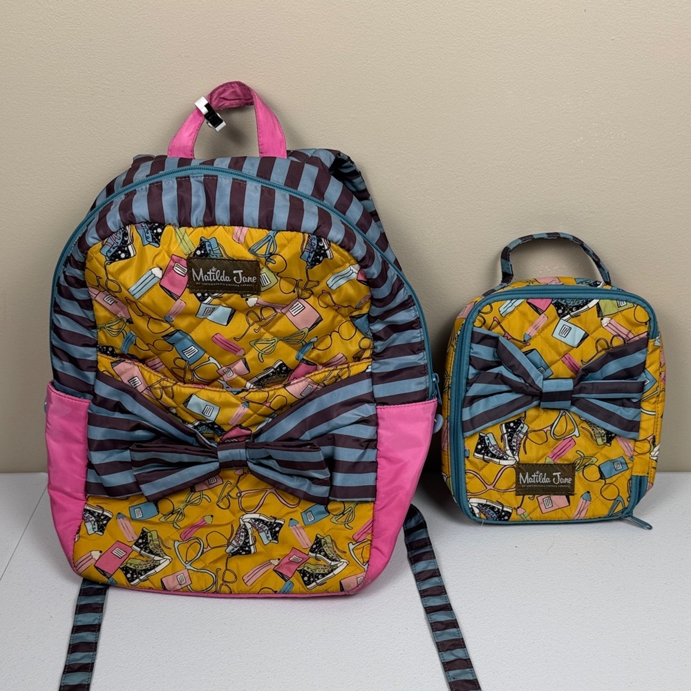 Matilda Jane Make The Grade Kids Backpack Set - Pink and Yellow with Stripes